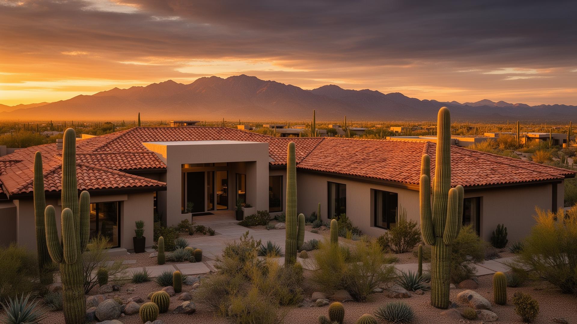 Modern desert home with tile roof at golden hour